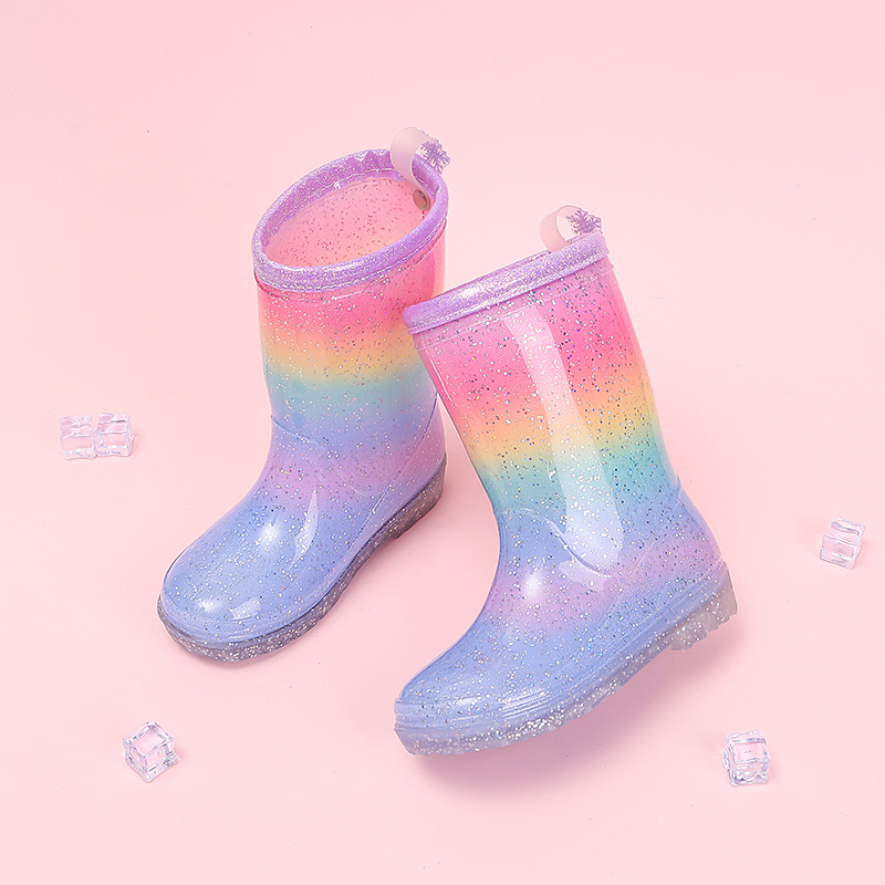 Kids Outdoor Boots - Dziewczęce kalosze z tęczowym brokatem, wodoodporne,