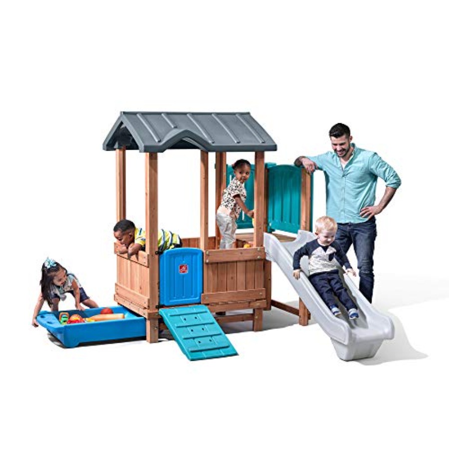 Kids Outdoor Swing And Slide - Drewniany domek do zabawy i zjeżdżalnia,